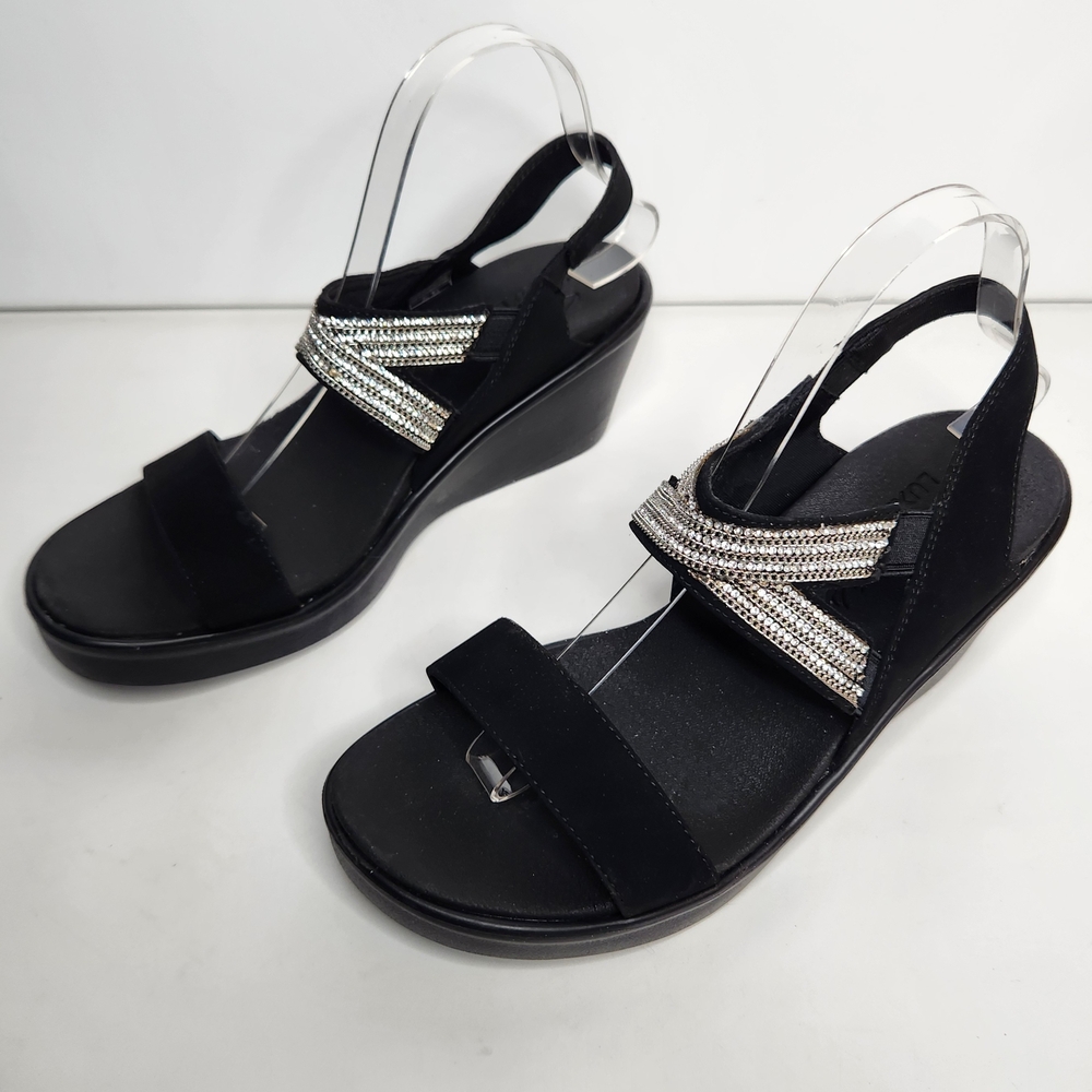 Skechers 33218W Rumble On Dreamy Days Womens 9 Black Sandals Rhinestone Wedge